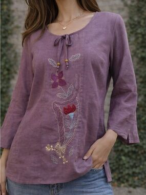 Edward Lavender Purple Embroidered 100% Linen Tunic Top Size L Boho Cottagecore